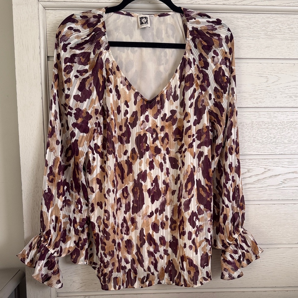 Anne Klein Purple and Brown Animal Print Blouse
